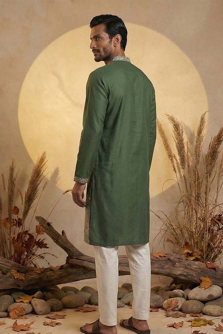 Silk Blend Green Solid Embroidered Calf Length Straight Kurta | SHOBITAM