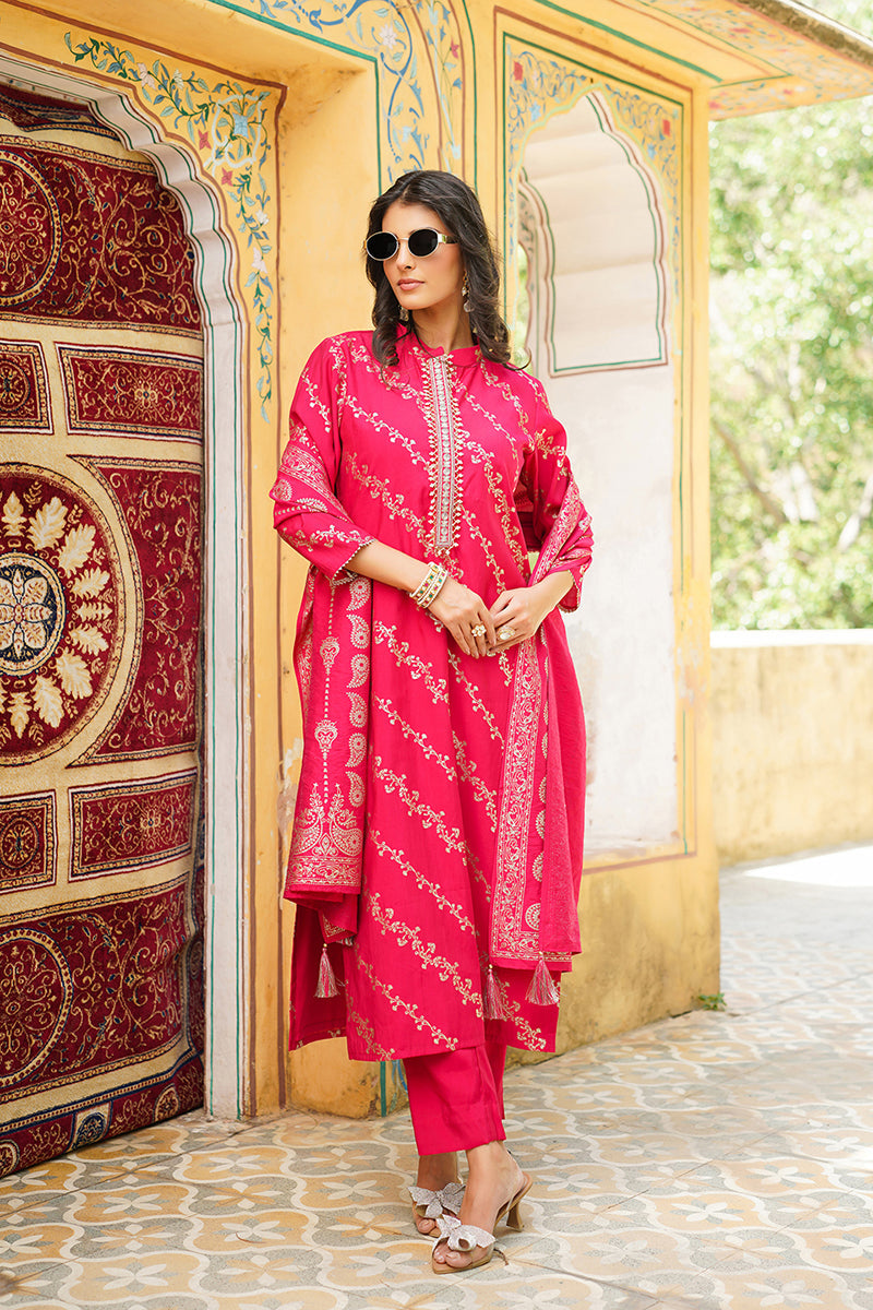 Pink Silk Blend Floral Printed Straight Kurta Trousers With Dupatta | SHOBITAM