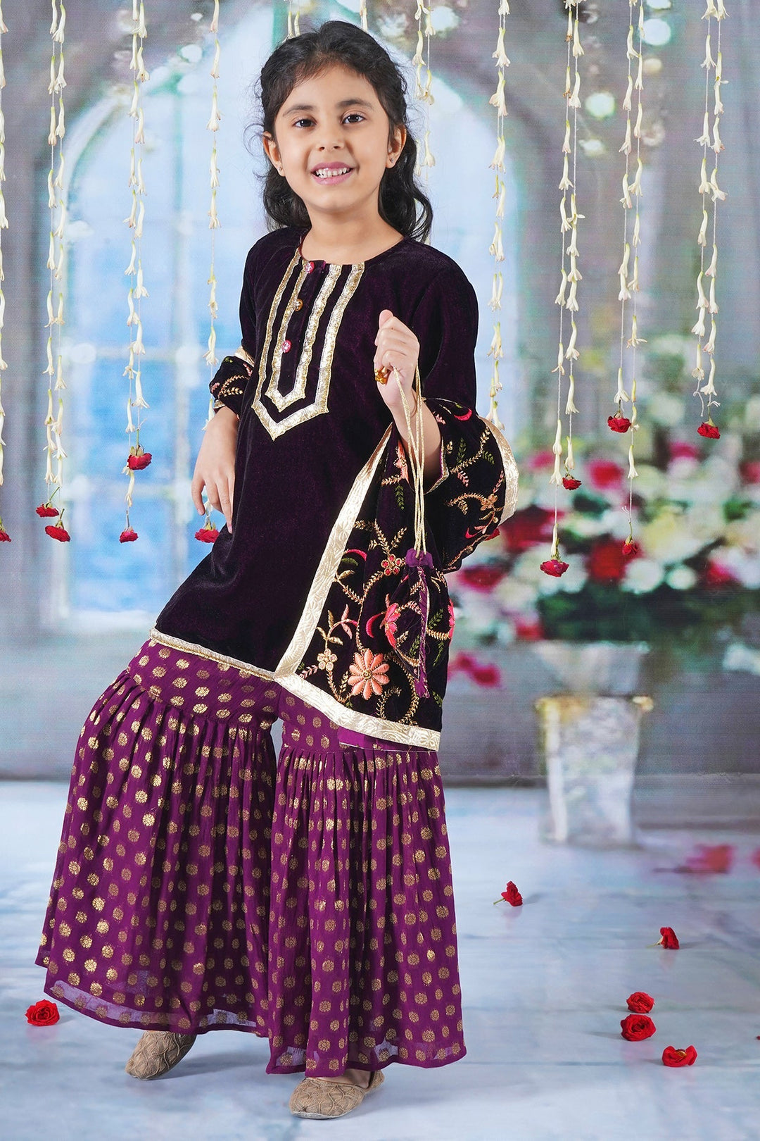 Girls Velvet Kurta with Banarsi Sharara and Embroided Dupatta with Potli | SHOBITAM