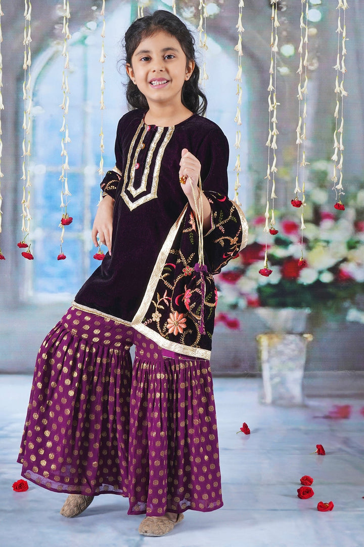 Girls Velvet Kurta with Banarsi Sharara and Embroided Dupatta with Potli | SHOBITAM