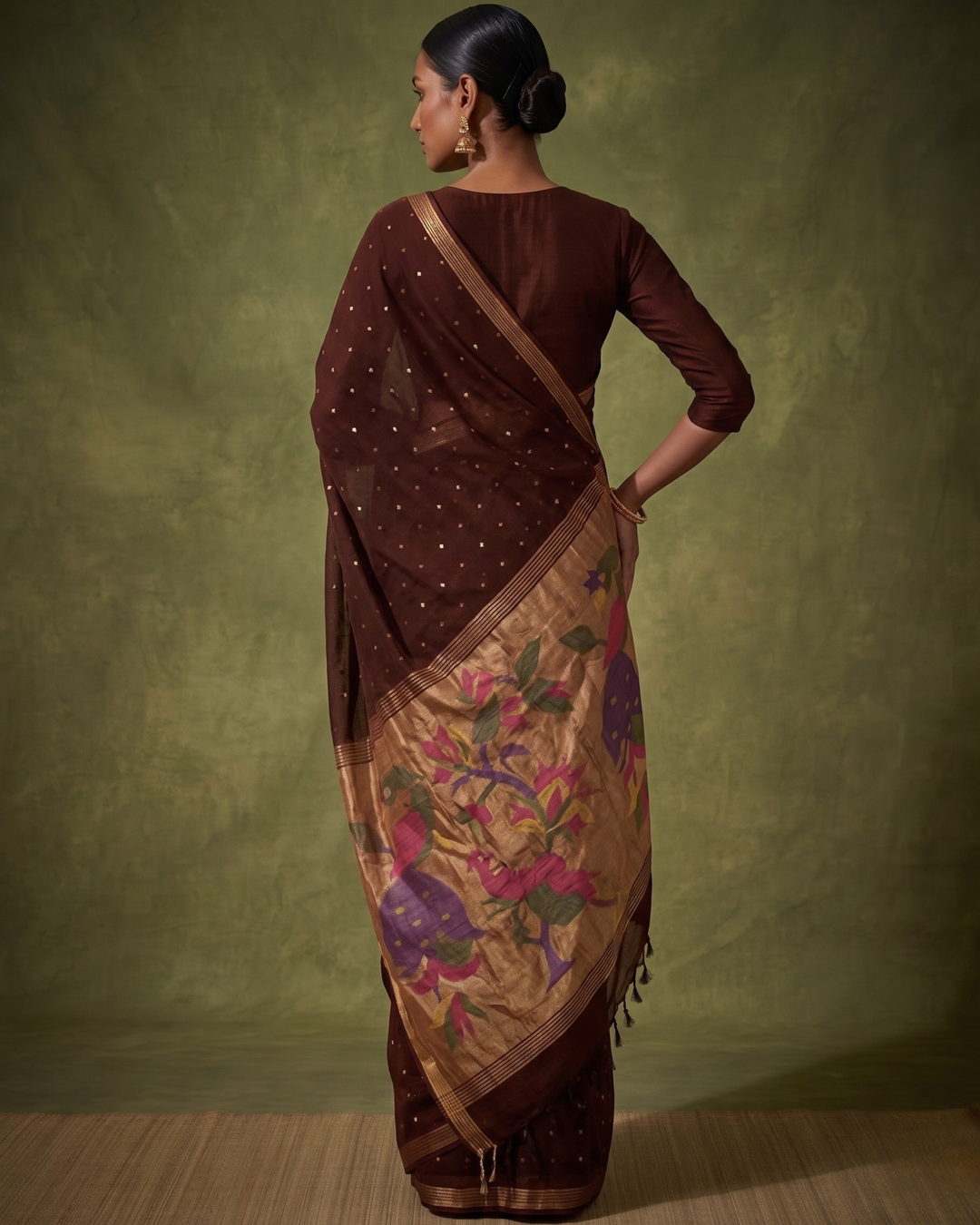 Handspun resham paithani silk saree in brown | SHOBITAM