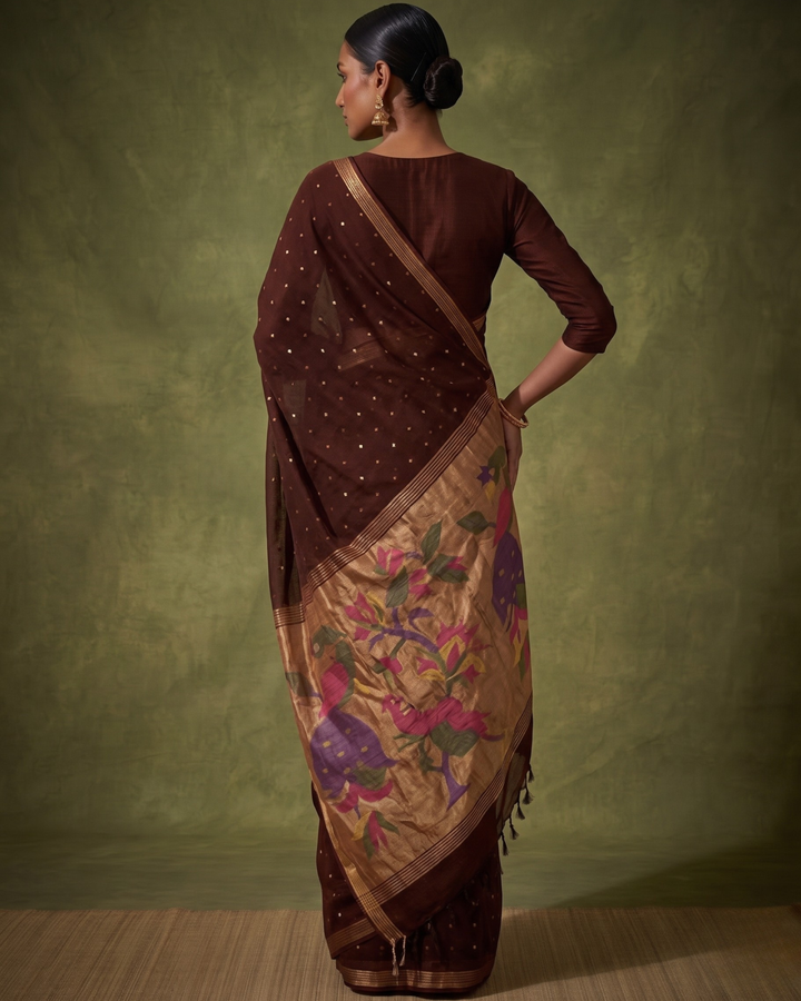 Handspun resham paithani silk saree in brown | SHOBITAM