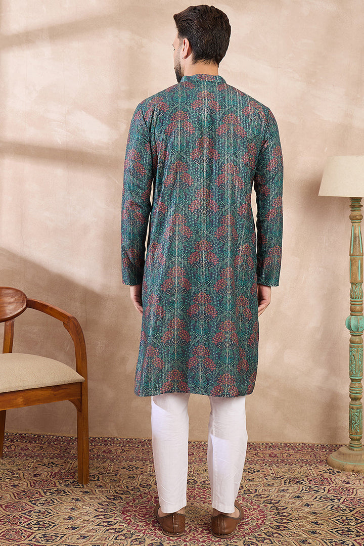 Blue Silk Blend Floral Printed Straight Kurta With Trouser| SHOBITAM