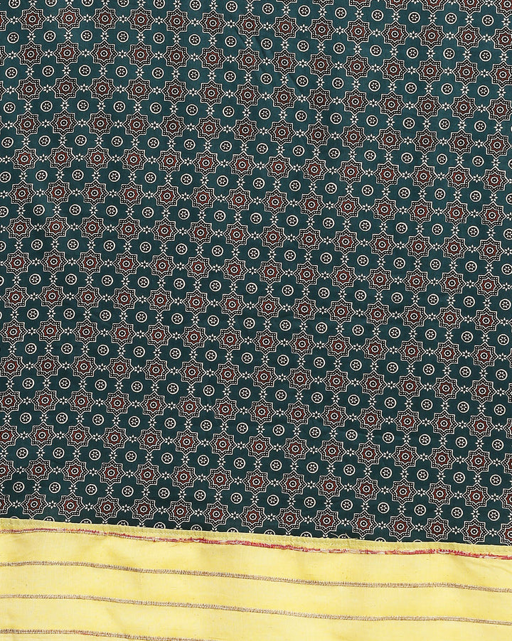 Yellow Green Ajrak Print Khesh Saree with Blouse piece | SHOBITAM