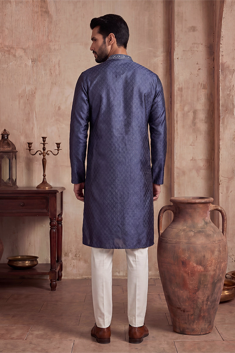 Mens Blue Jacquard Woven Design Straight Kurta With Trouser | SHOBITAM