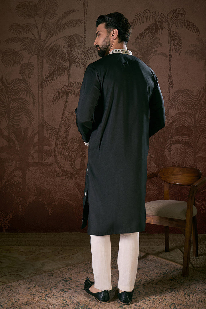 Black Silk Blend Solid Embroidered Straight Kurta For Men | SHOBITAM
