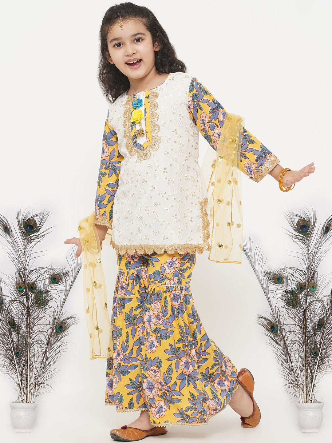 Girls Cotton Floral Embroidery Kurta with Floral Detailing and Floral Sharara | SHOBITAM