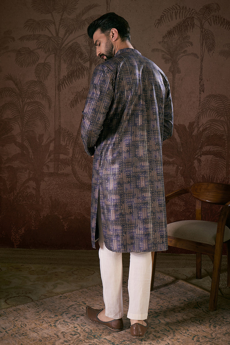 Violet Silk Blend Abstract Printed Straight Kurta For Men | SHOBITAM
