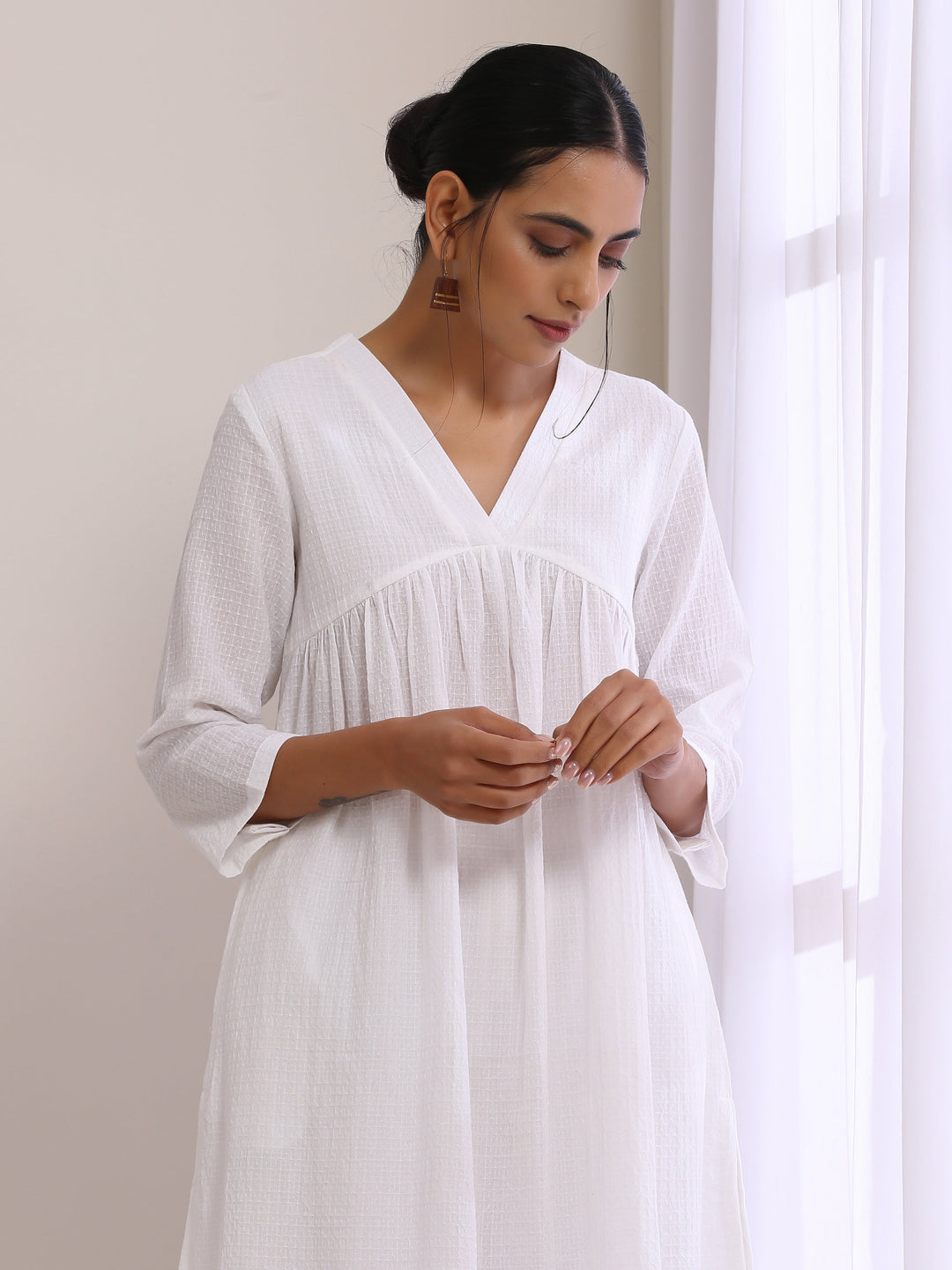 White Dobby Flared Slit Kurta Pant Set  | SHOBITAM