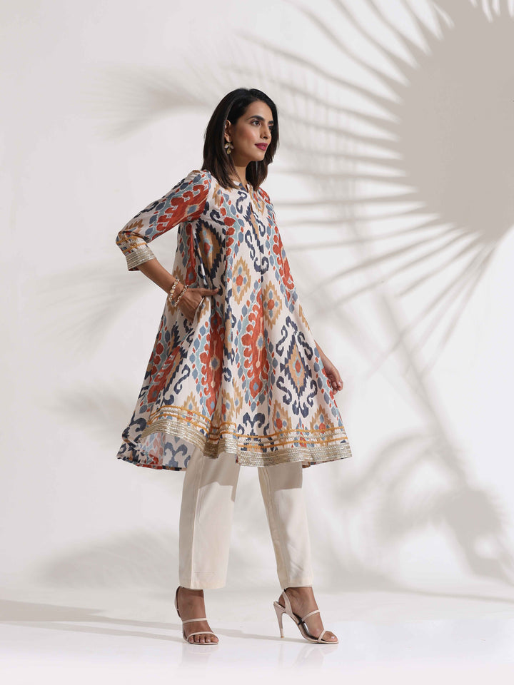Off White Ikat Print Anarkali Kurta Co-ord Set | SHOBITAM