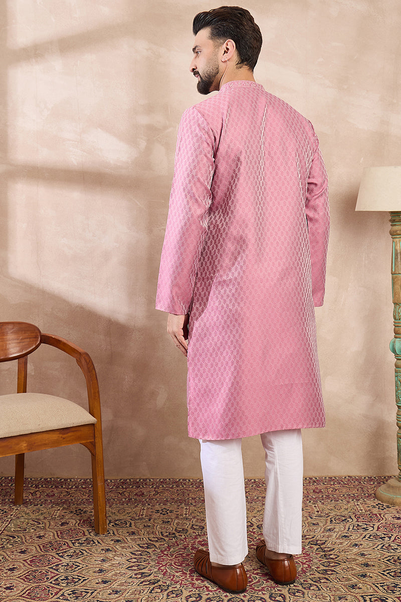Pink Silk Blend Solid Woven Design Straight Kurta With Trouser | SHOBITAM