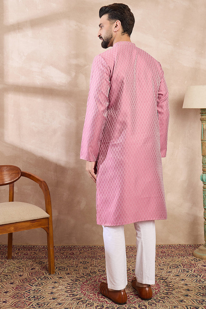 Pink Silk Blend Solid Woven Design Straight Kurta With Trouser | SHOBITAM