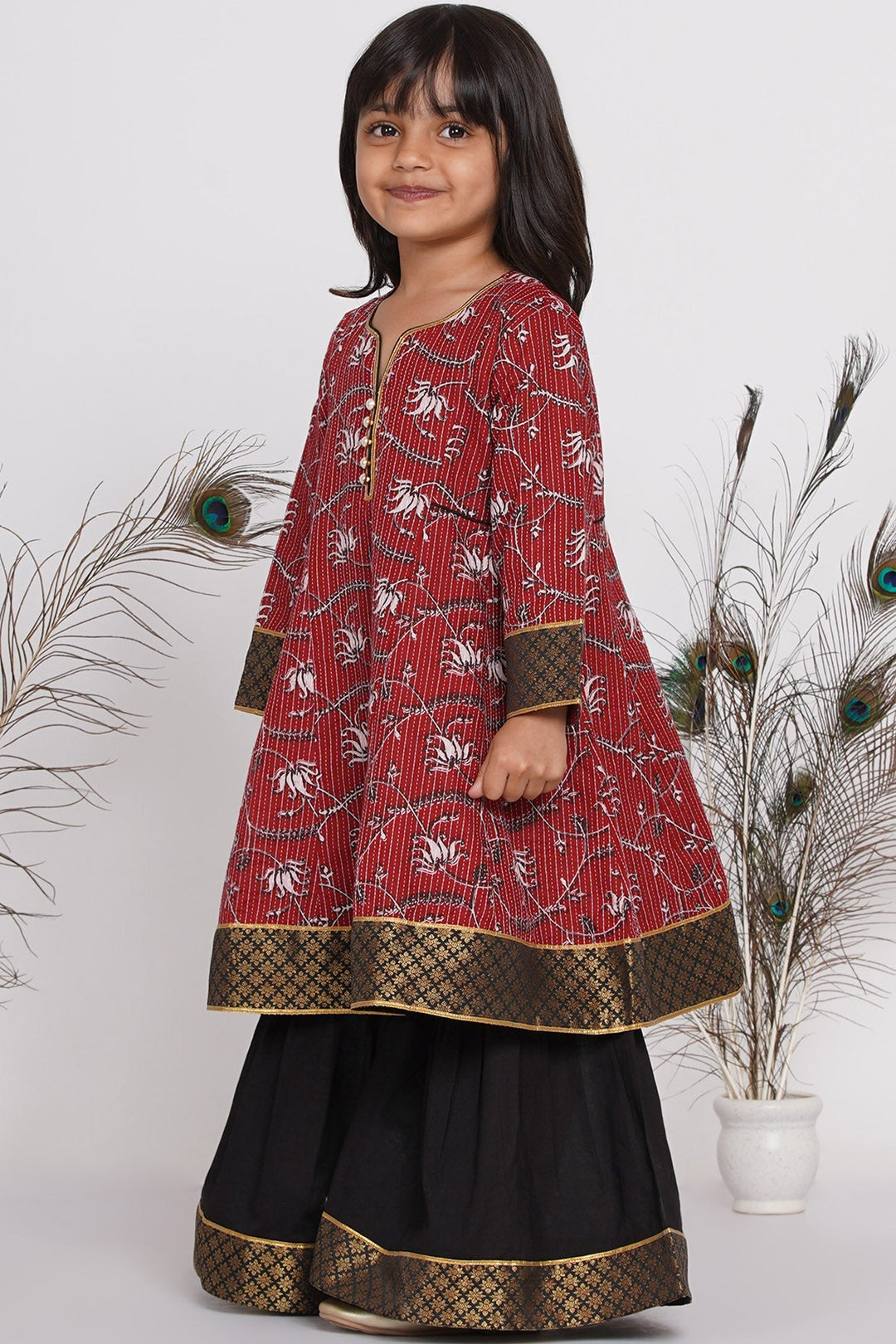 Girls Kantha work Lotus Print Long Maroon Kurta with Black Sharara and Dupatta | SHOBITAM