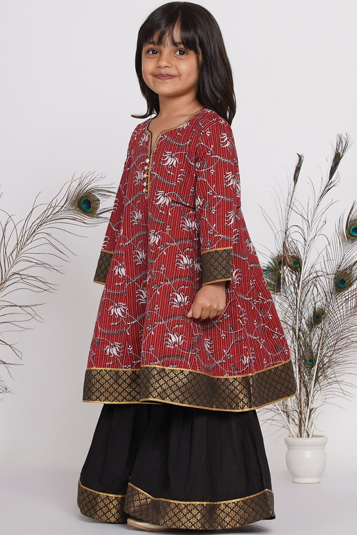 Girls Kantha work Lotus Print Long Maroon Kurta with Black Sharara and Dupatta | SHOBITAM