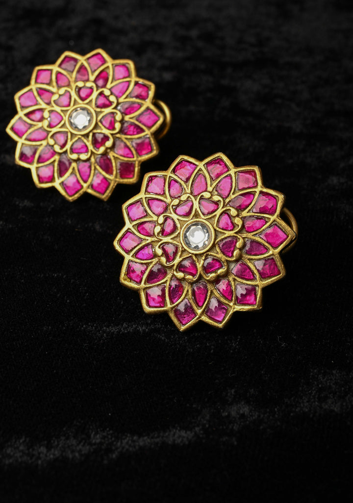 92.5 Silver Pink Stone Large Floral Studs