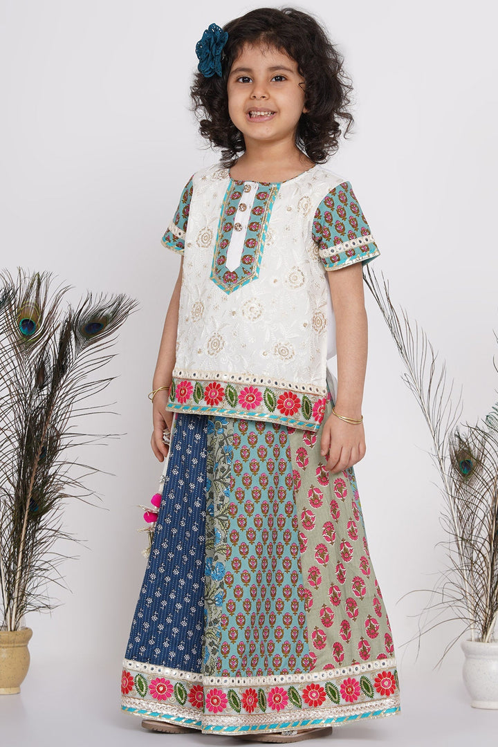 Girls Cotton Floral Embroidery Kurta with Kali Work Lehenga and Tussel work | SHOBITAM