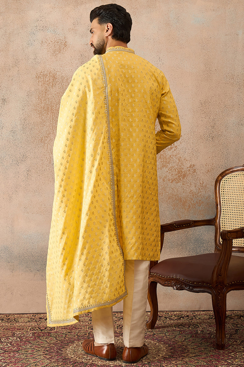 Men Yellow Jacquard Woven Design Floral Straight Kurta Sets | SHOBITAM