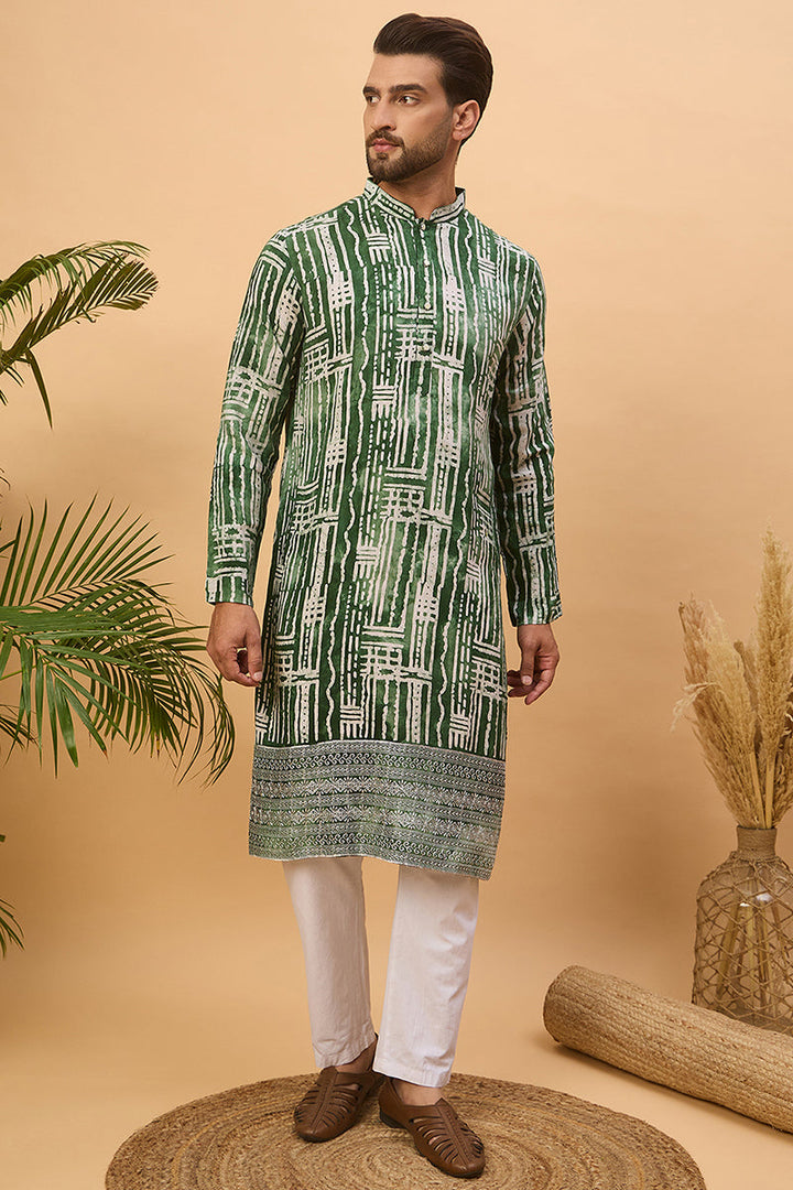 Green Viscose Rayon Batik Embroidered Straight Kurta | SHOBITAM