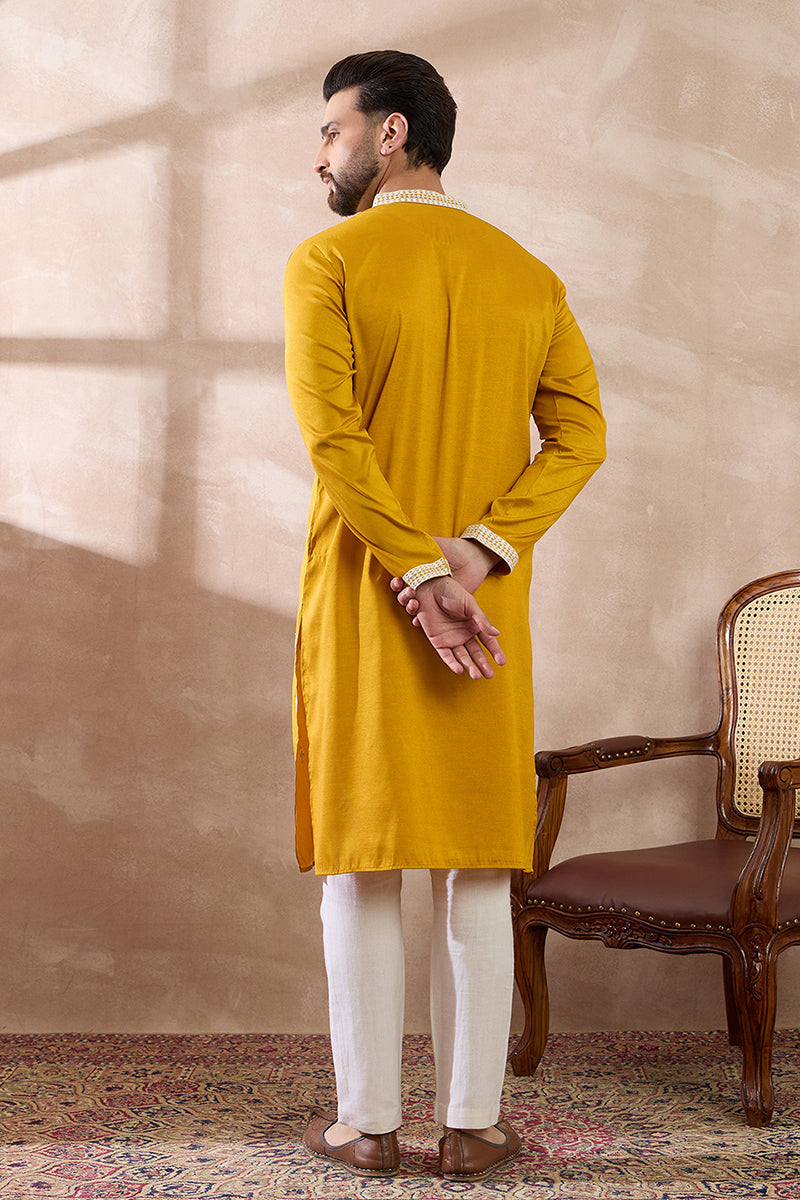 Yellow Silk Blend Embroidered Mandarin Collar Straight Kurta With Trouser | SHOBITAM