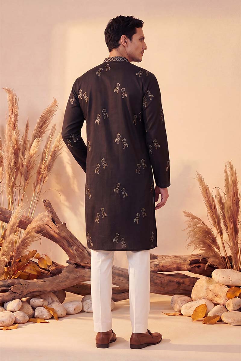 Mens Black Silk Blend Solid Embroidered Kurta With Trousers | SHOBITAM