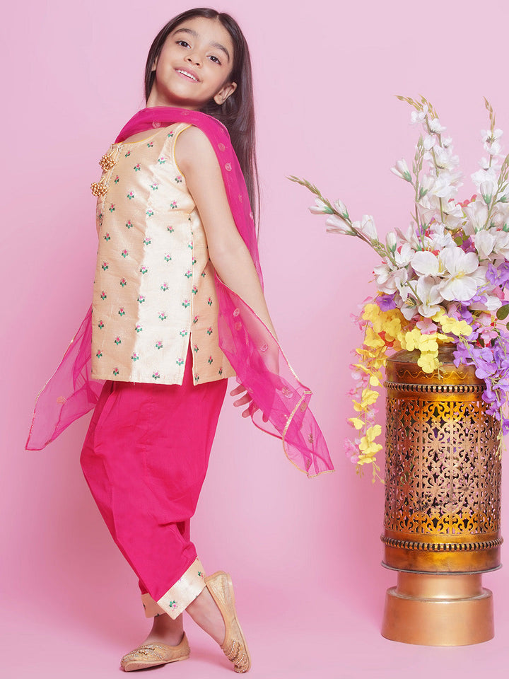 Mulberry  Semi-Silk Sleeveless Floral Choti Buti Embroidery Kurta with Salwar & Dupatta - Cream and Pink