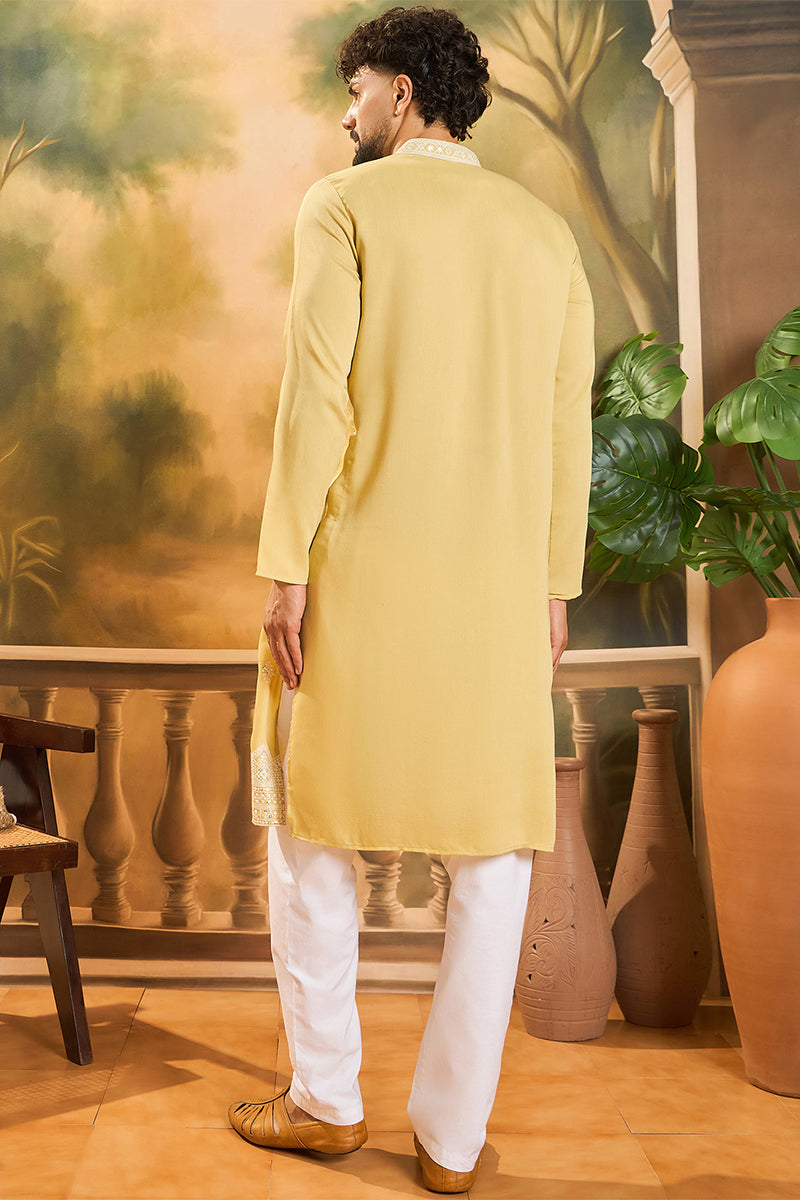 Yellow Silk Solid Embroidered Straight Kurta | SHOBITAM