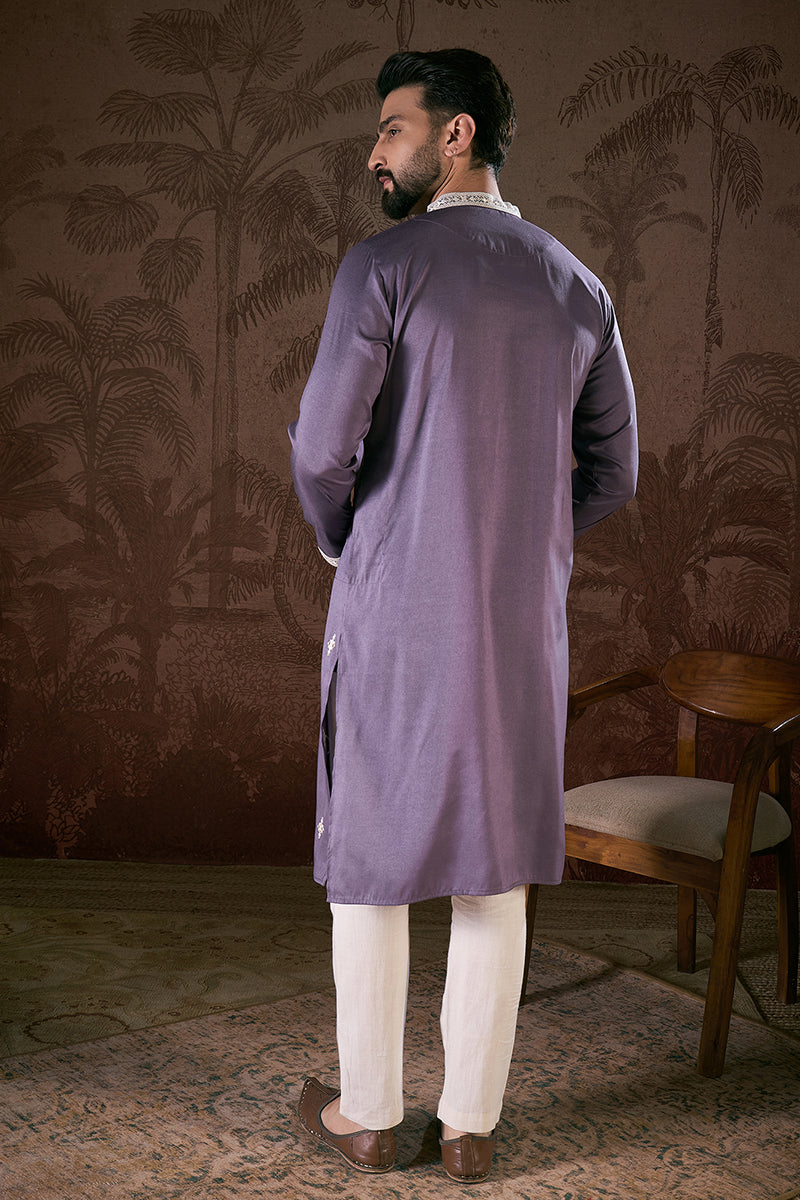Lavender Silk Blend Solid Embroidered Straight Kurta | SHOBITAM