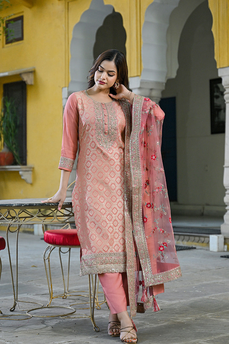 Peach Silk Blend Solid Woven Design Straight Kurta Trousers With Dupatta | SHOBITAM