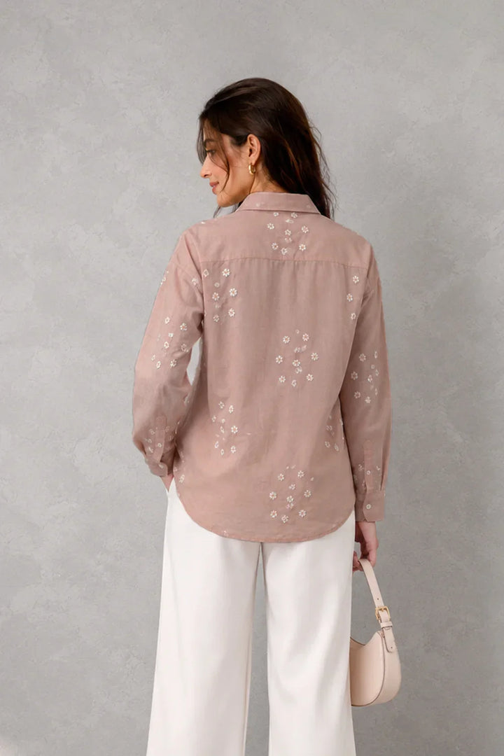 Beige Pure Cotton Embriodered Shirt | SHOBITAM