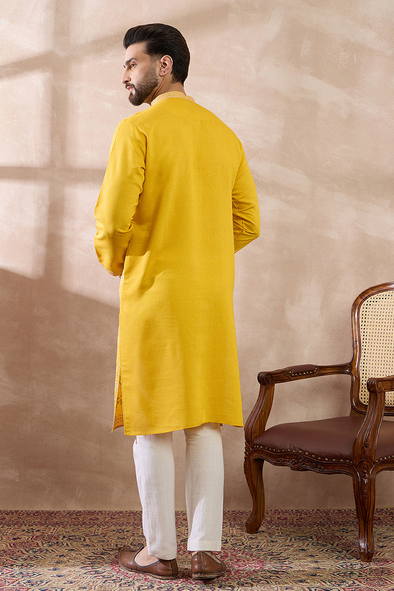 Yellow Silk Blend Embroidered Mandarin Collar Straight Kurta With Trouser For Men | SHOBITAM