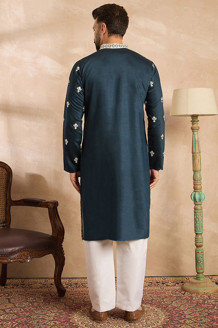 Navy Blue Polyester Solid Embroidered Straight Kurta With Trouser | SHOBITAM