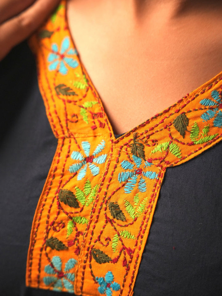 Dark Blue Kantha Cotton Kurta | SHOBITAM