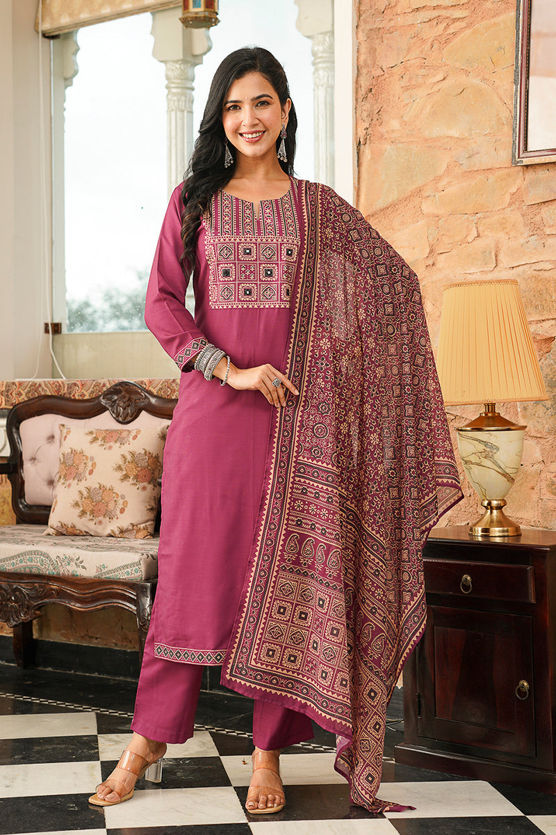 Purple Cotton Blend Ajrakh Printed Straight Kurta Trousers With Dupatta | SHOBITAM