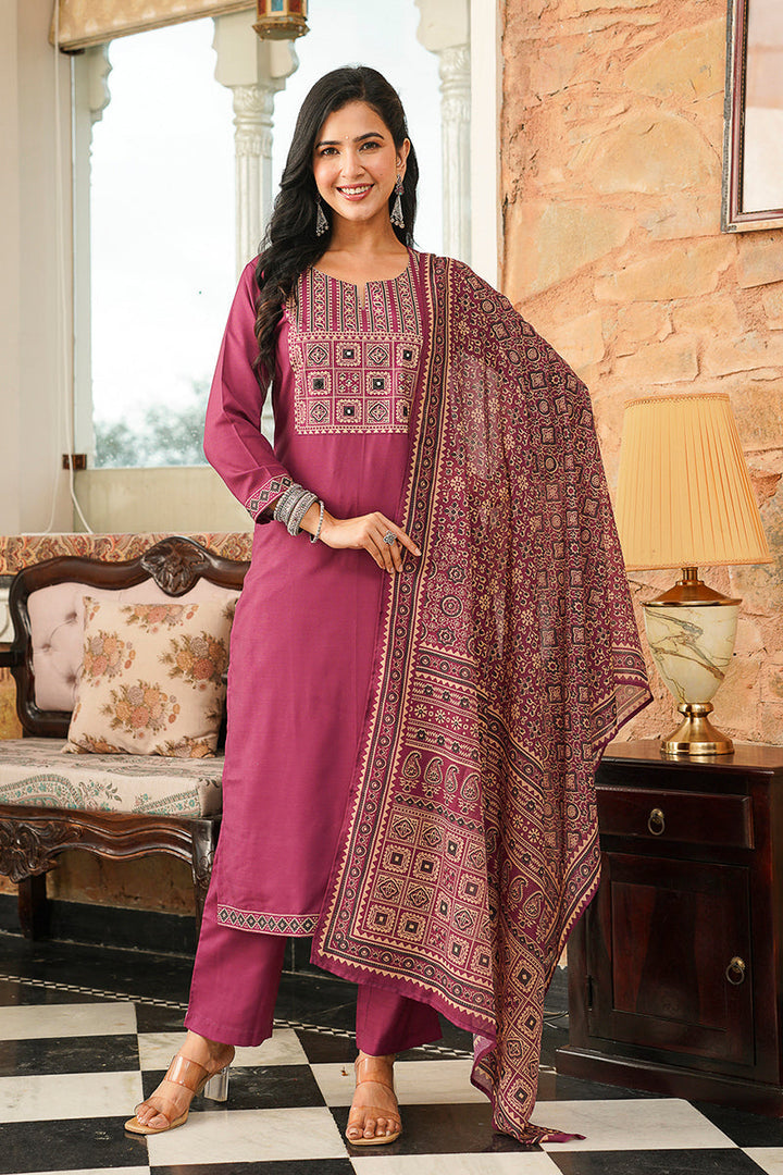 Purple Cotton Blend Ajrakh Printed Straight Kurta Trousers With Dupatta | SHOBITAM