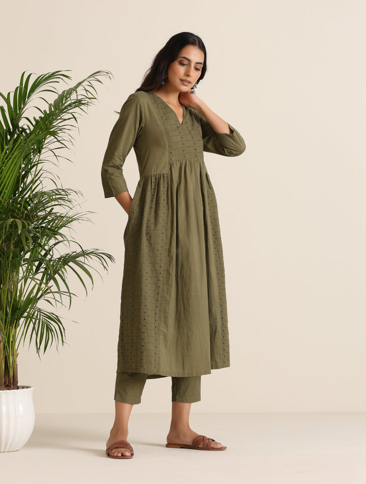 Olive Cotton Cutwork Embroidered Kurta Set  | SHOBITAM