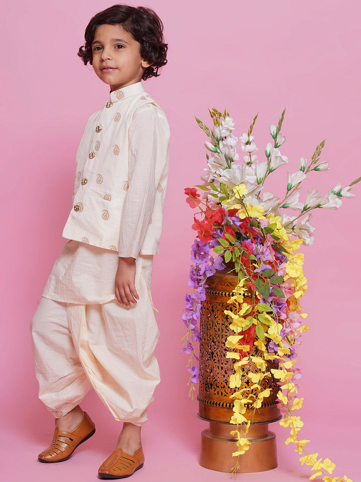 Boys Cotton Full Sleeves Ambi Embrodiery Nehru Jacket with Kurta and Dhoti - Cream | SHOBITAM