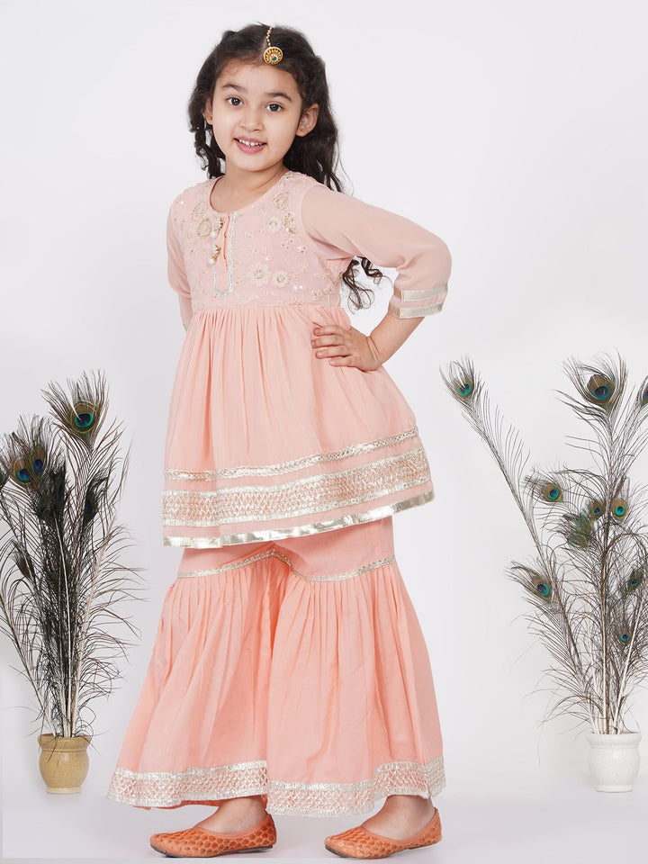 Girls Gotta Patti work Kurta frock with Sharara and Dupatta | SHOBITAM