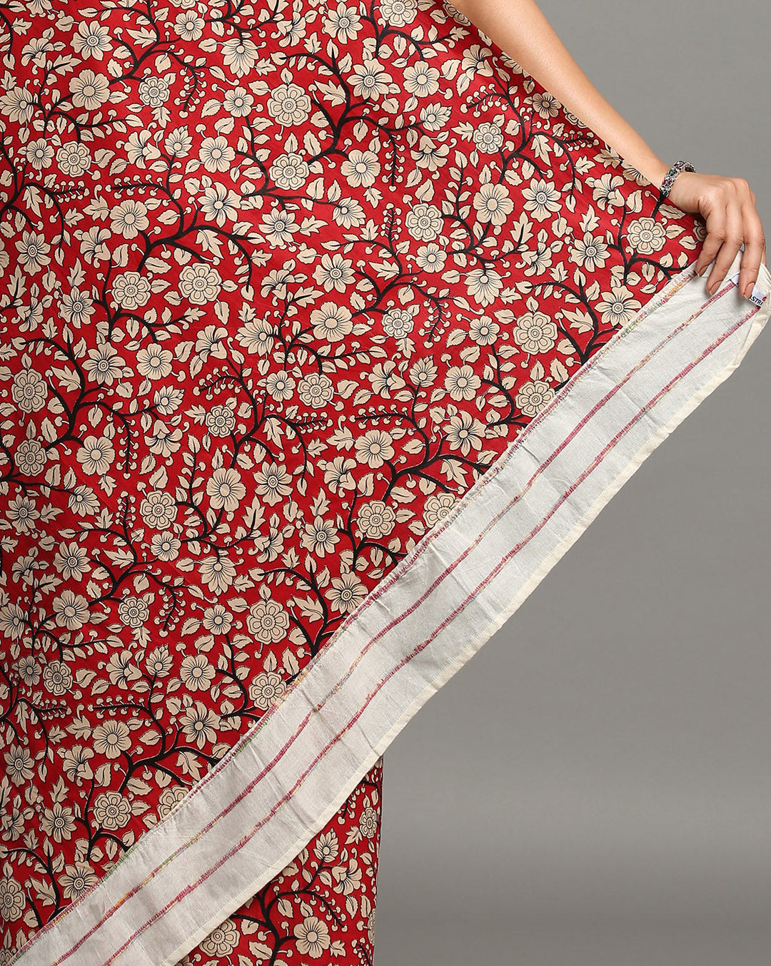 White Red Ajrak Print Khesh Cotton Saree with Blouse piece | SHOBITAM