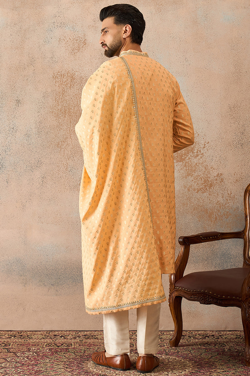 Men Peach Jacquard Woven Design Floral Straight Kurta Sets | SHOBITAM