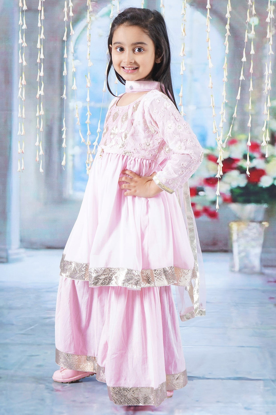 Girls Floral Sequin Embrodiery Kurta with Sharara and Dupatta with Lace Work | SHOBITAM