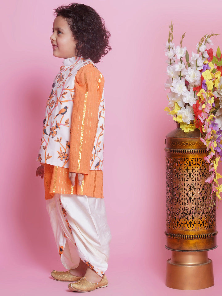 Cotton Sleevelees Floral Bird Thread Embrodiery Nehru Jacket with Striped Kurta and Dhoti - Orange and Cream | SHOBITAM