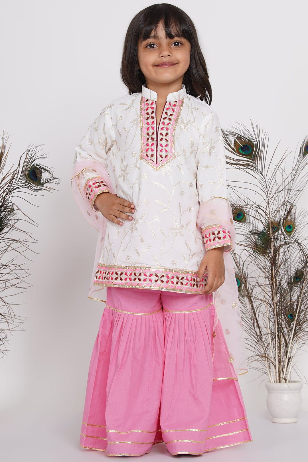 Girls Bengali Embroidery Lacework Kurta with Sharara & Dupatta in White & Pink |SHOBITAM