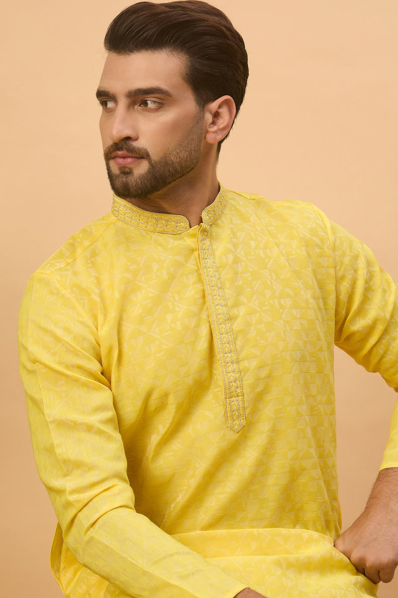 Yellow Silk Blend Solid Embroidered Straight Kurta  | SHOBITAM
