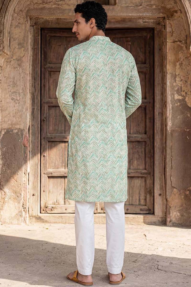 Green Linen Printed Straight Kurta  | SHOBITAM