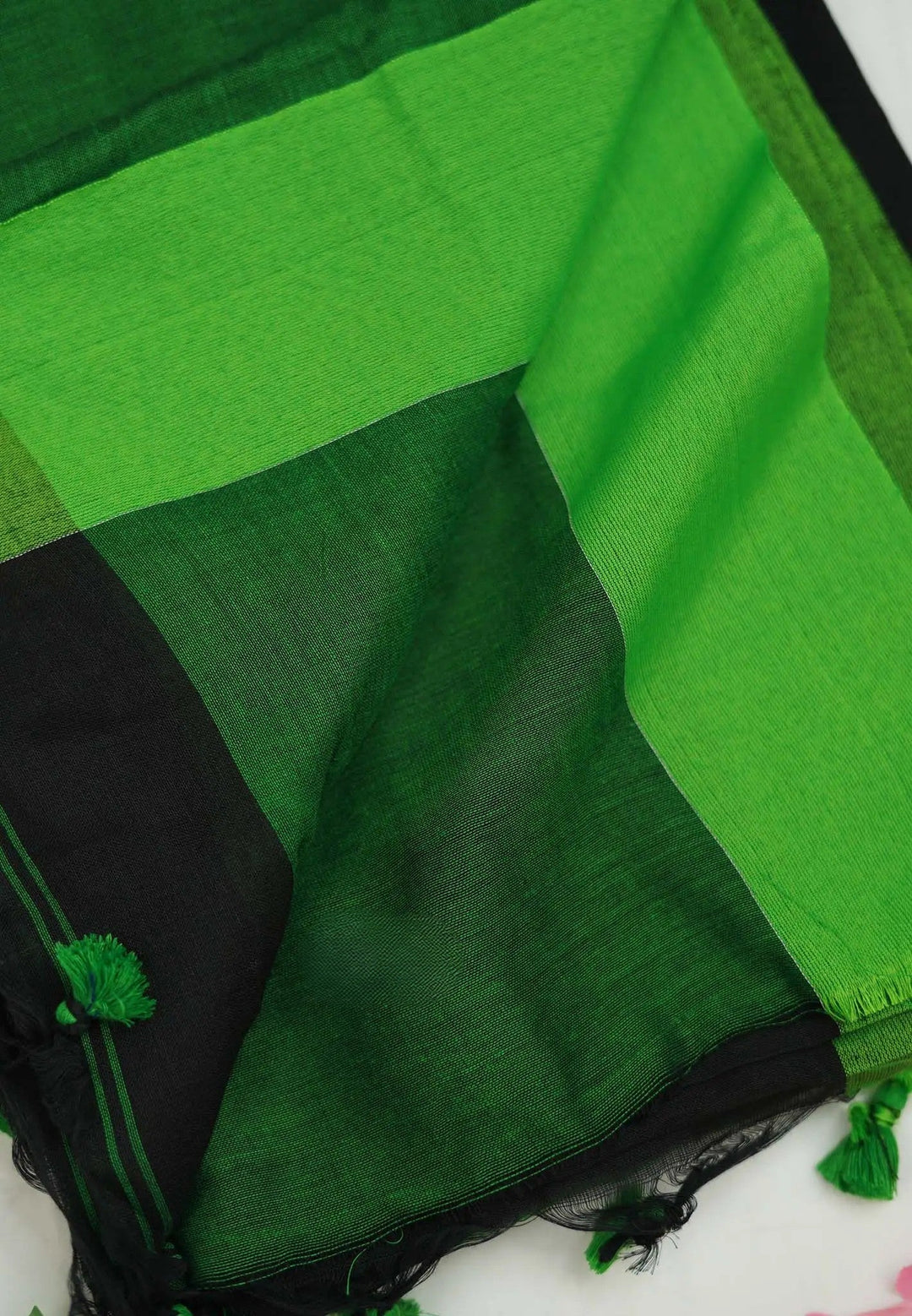 Black And Green Slub Cotton Saree  SHOBITAM