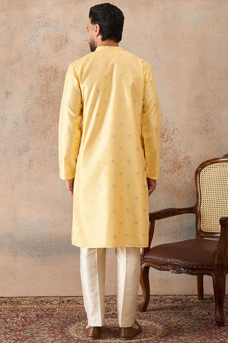 Mens Yellow Silk Blend Floral Straight Kurta With Trouser | SHOBITAM