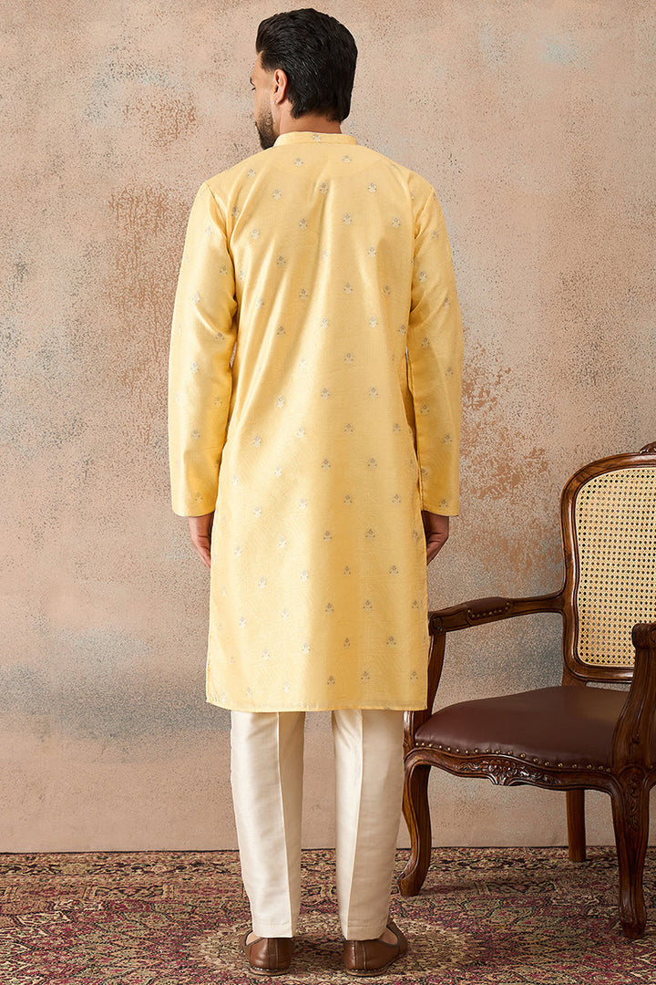 Mens Yellow Silk Blend Floral Straight Kurta With Trouser | SHOBITAM