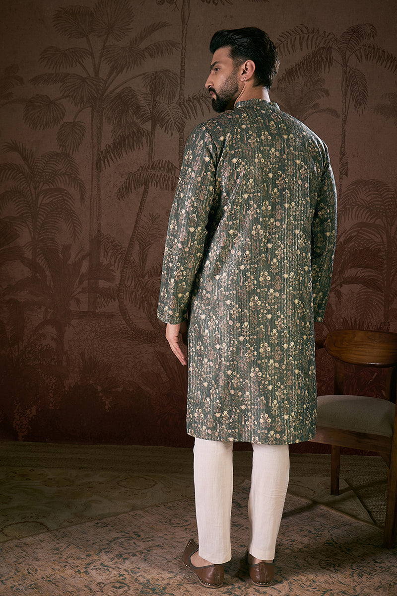 Olive Silk Blend Floral Printed Straight Kurta For Men | SHOBITAM