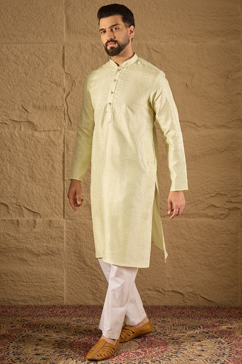 Green Silk Blend Solid Embroidered Straight Kurta with Trouser  | SHOBITAM