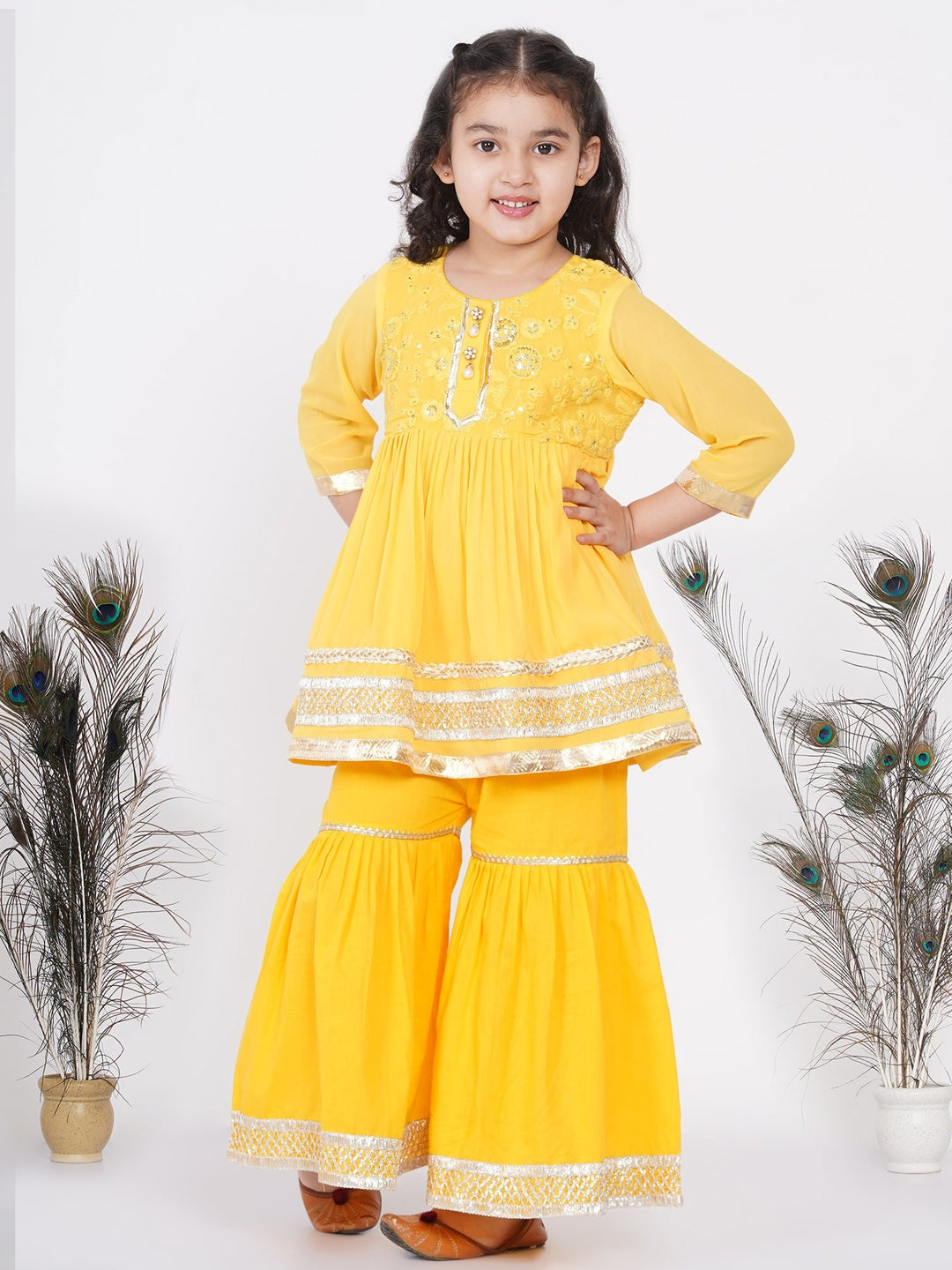 Girls Jaipuri Lacework and Gotta Patti work Kurta Frock with Sharara |   SHOBITAM